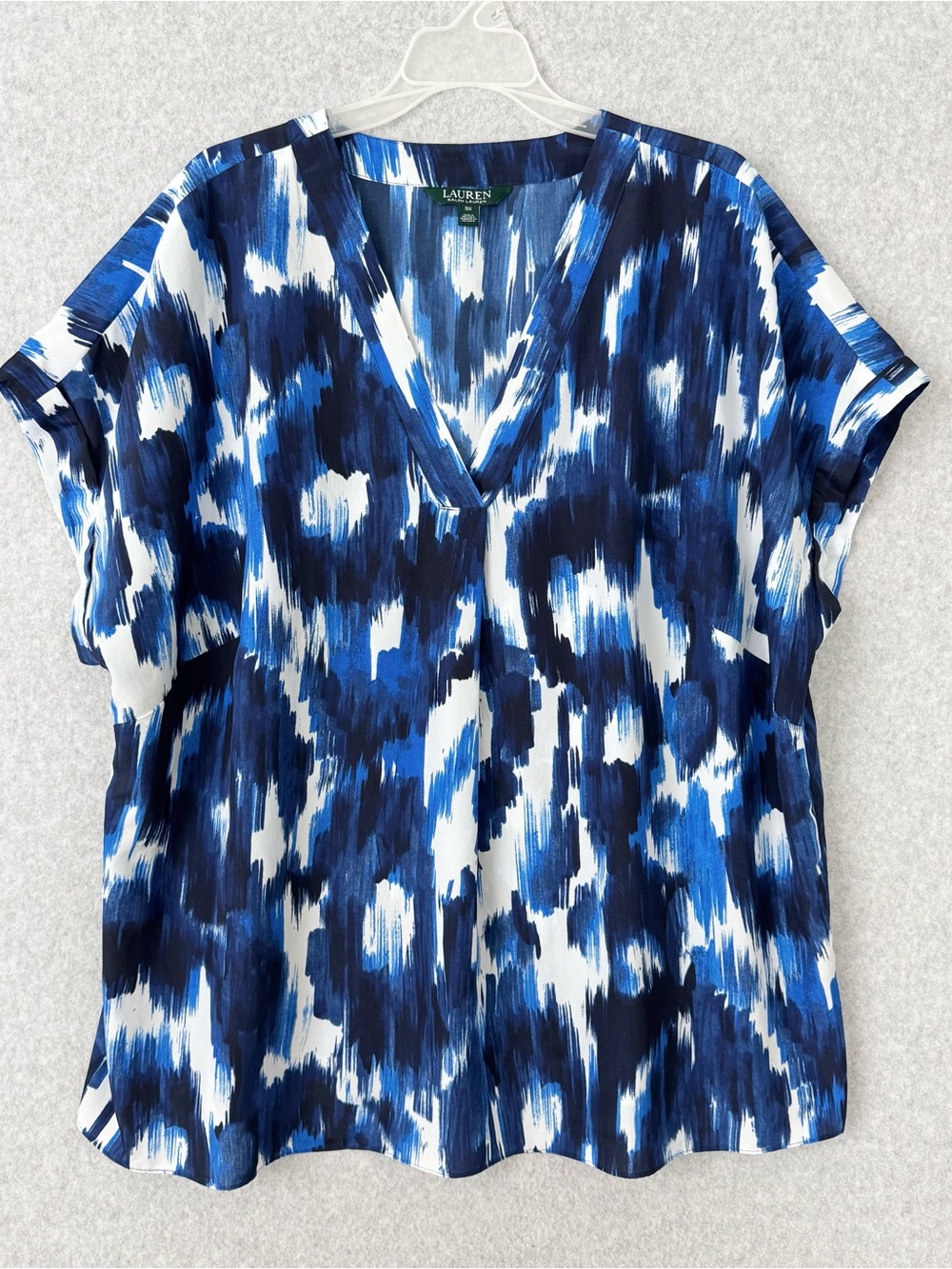 Lauren Ralph Lauren Top Womens 3X Blue White Abstract Short Sleeve Office READ